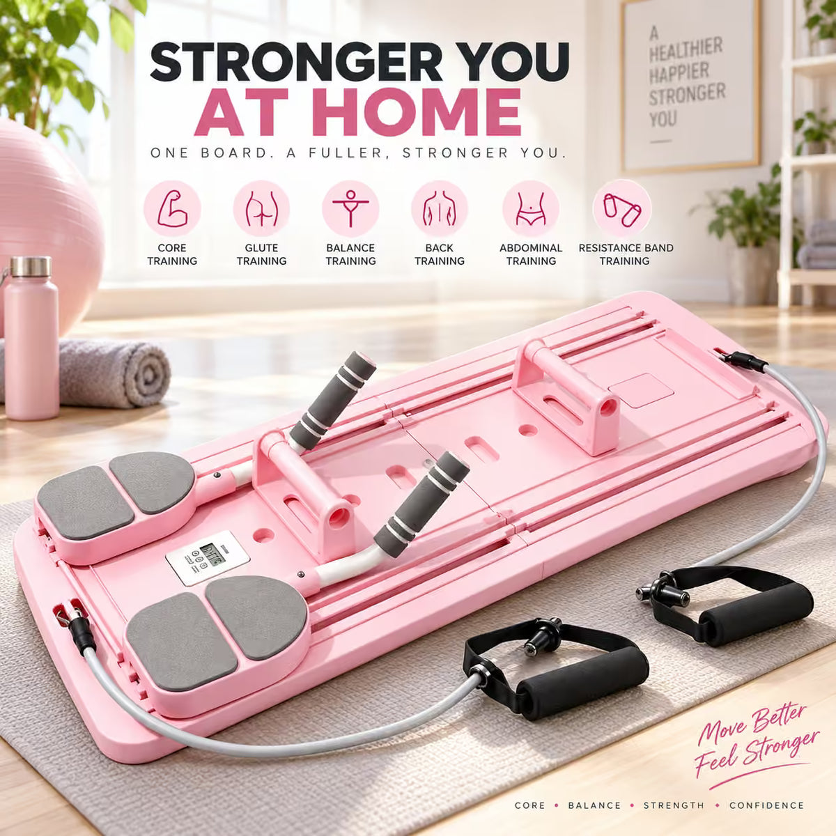 Pink full-body Pilates reformer exercise board with gray foot pads and black handles, shown in a bright home studio setting with text overlays and accessory handles nearby.