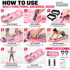 An 8-step instructional graphic showing how to use a pink and gray multi-functional abdominal board with resistance bands, including numbered panels from 1 to 8 and an included accessories inset.