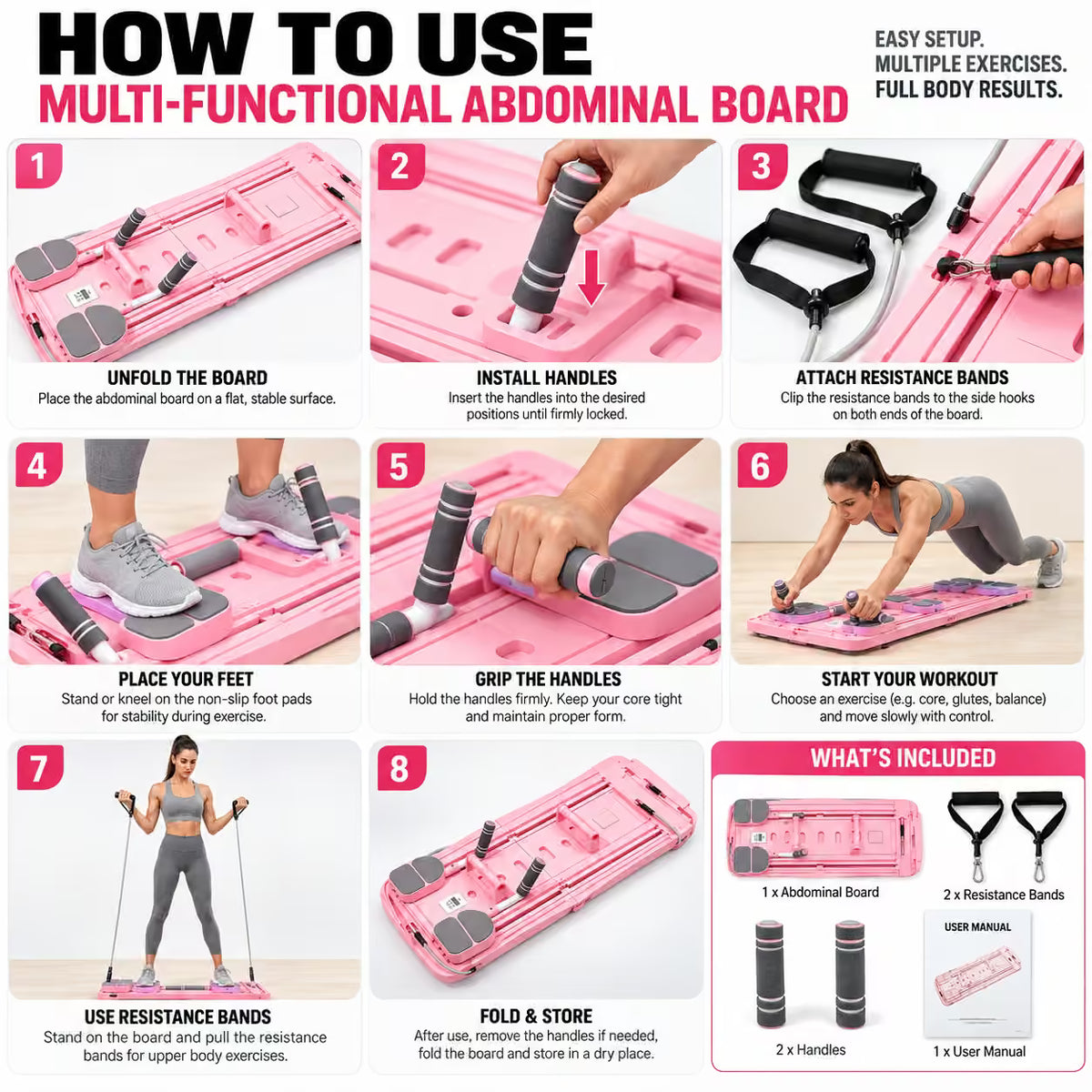 An 8-step instructional graphic showing how to use a pink and gray multi-functional abdominal board with resistance bands, including numbered panels from 1 to 8 and an included accessories inset.