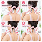Four-panel instructional graphic showing a pink neck and shoulder massage device being used on a woman's neck. Step 1 says place around neck, step 2 says hold both handles, step 3 says adjust pressure, and step 4 says roll for relief.