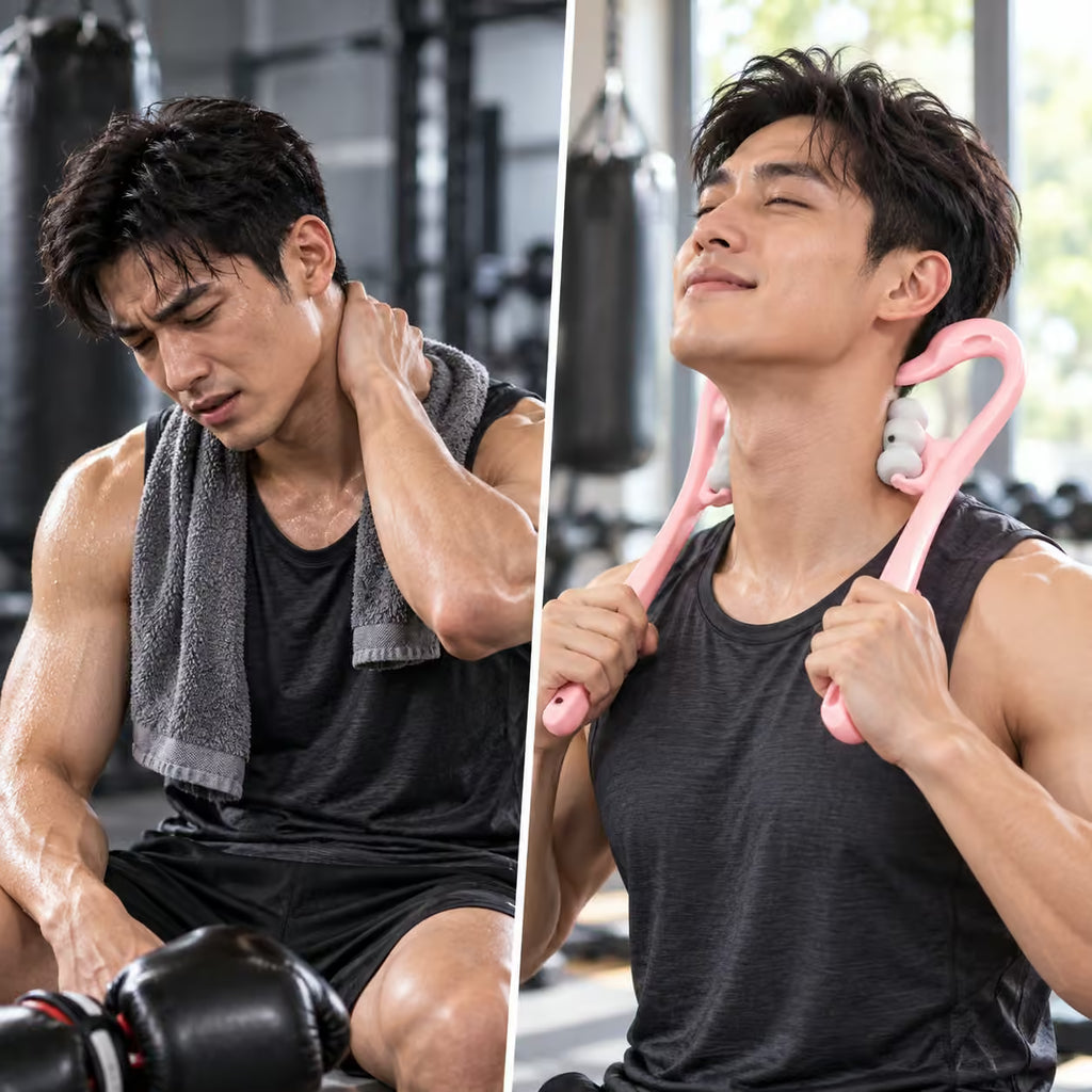 A split-screen lifestyle image showing a man in a gym demonstrating neck pain relief. On the left, he sits with a gray towel on his shoulder, holding his neck in discomfort.