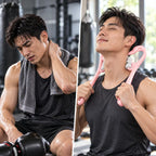 A split-screen lifestyle image showing a man in a gym demonstrating neck pain relief. On the left, he sits with a gray towel on his shoulder, holding his neck in discomfort.