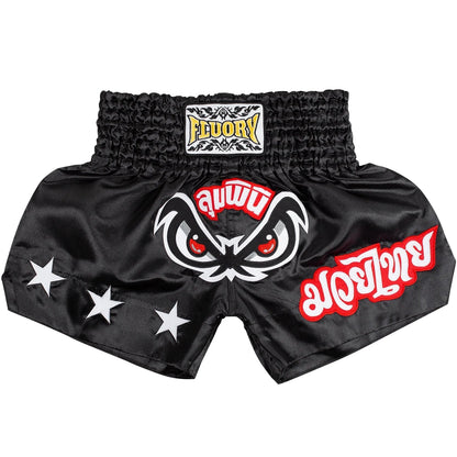 Black Muay Thai shorts with red and white text and logo on a white background, featuring the Fluory brand.