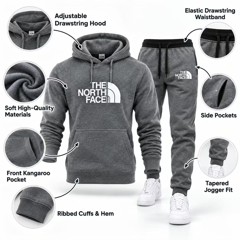 A dark gray The North Face hoodie and matching jogger pants shown on a white background with callout circles highlighting features such as the adjustable drawstring hood, soft high-quality materials, kangaroo pocket, ribbed cuffs and hem, elastic drawstring waistband, side pockets, and tapered jogger fit.
