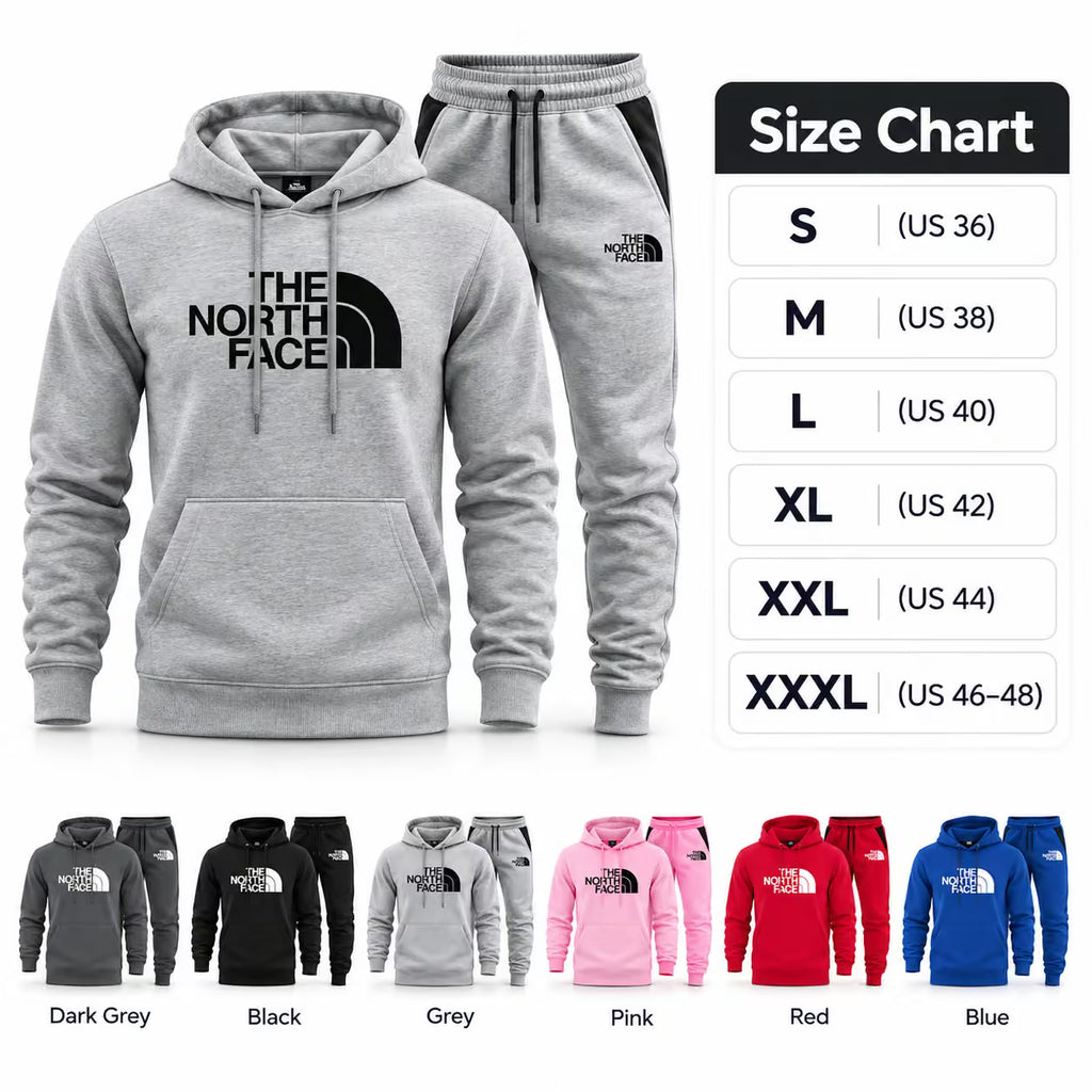 A product listing graphic showing a light gray hoodie and matching jogger pants from The North Face, with a size chart on the right listing S through XXXL and color options along the bottom including dark grey, black, grey, pink, red, and blue.