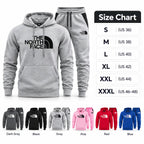 A product listing graphic showing a light gray hoodie and matching jogger pants from The North Face, with a size chart on the right listing S through XXXL and color options along the bottom including dark grey, black, grey, pink, red, and blue.