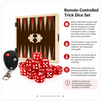 Remote-controlled trick dice set featuring a wooden board game board, red dice with white dots, a black remote control with a keychain, and descriptive text on a white background.