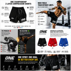 A promotional infographic for ONE Championship 2-layer compression shorts, featuring multiple panels with product photos, athlete models, feature callouts, color options (black, red, blue), and marketing text. The product itself is shown prominently in black, with the ONE Championship branding visible.