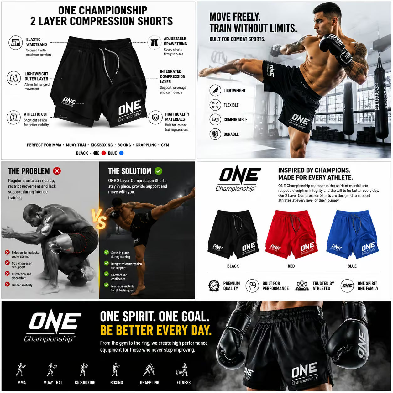 A promotional infographic for ONE Championship 2-layer compression shorts, featuring multiple panels with product photos, athlete models, feature callouts, color options (black, red, blue), and marketing text. The product itself is shown prominently in black, with the ONE Championship branding visible.