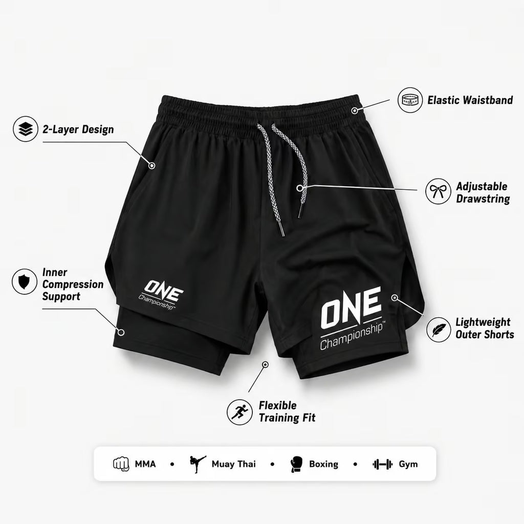 Black athletic shorts with white printed branding and feature callout labels on a light gray background. The shorts include drawstring, elastic waistband, compression support, and training fit details, with icons and text pointing to specific design features.