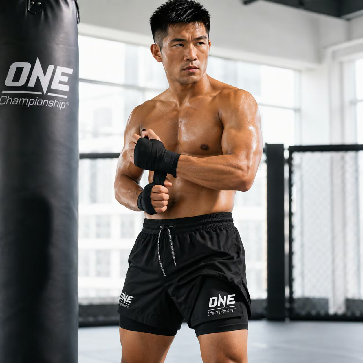 A shirtless man in a boxing ring wearing black ONE Championship shorts and black hand wraps, standing next to a black ONE Championship punching bag.