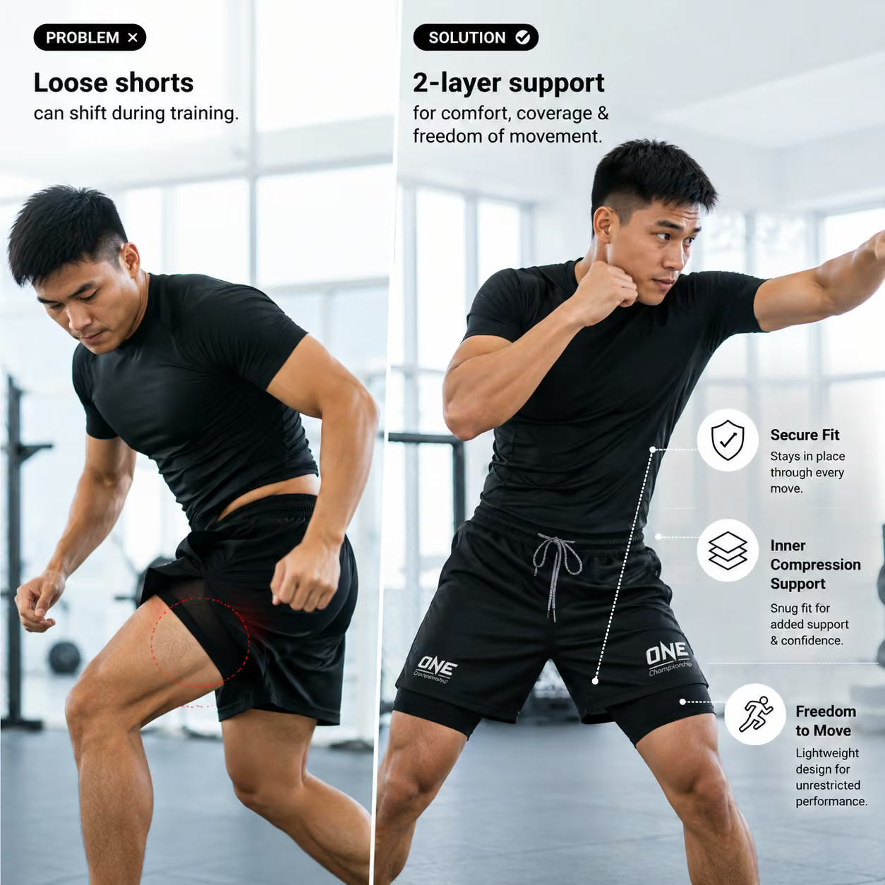 A split comparison graphic showing a man in a gym wearing black athletic shorts in two poses. The left side is labeled 'PROBLEM' and shows loose shorts shifting during training.