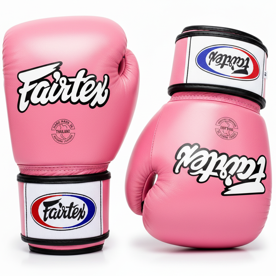 Pair of pink Fairtex boxing gloves on a white background