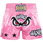 Pink boxing shorts with a graphic design and 'Fluory' branding on a white background.