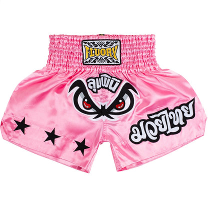 Pink boxing shorts with a logo and text on a white background, featuring the brand 'FLUORY'.