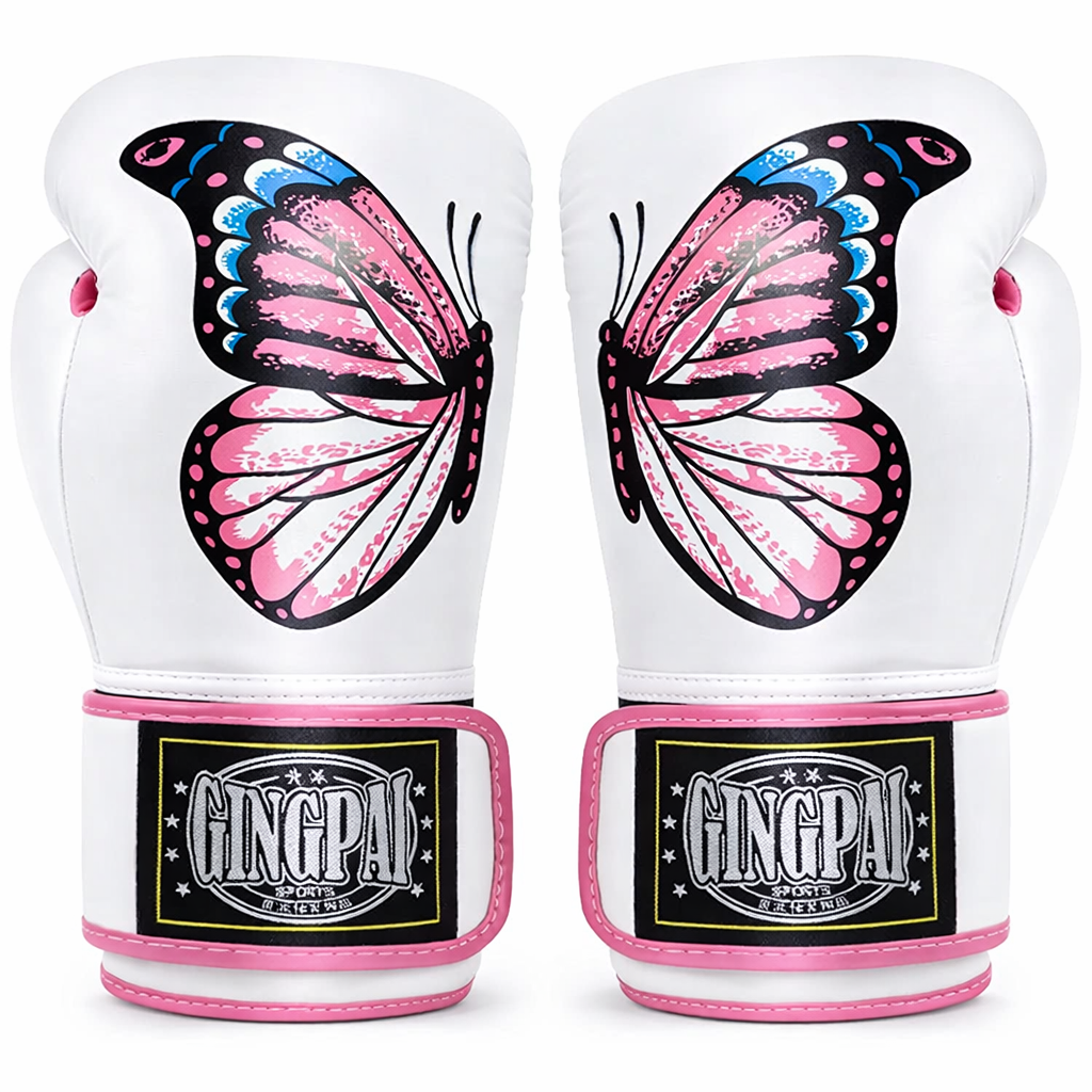 White boxing gloves with pink butterfly design and Gingpad branding on a white background