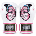 White boxing gloves with pink butterfly design and Gingpad branding on a white background