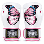 White boxing gloves with pink butterfly design and Gingpad branding on a white background