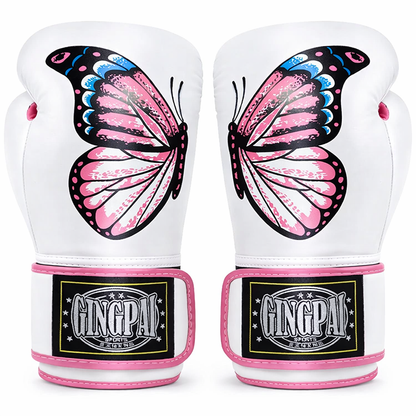White boxing gloves with pink butterfly design and Gingpad branding on a white background