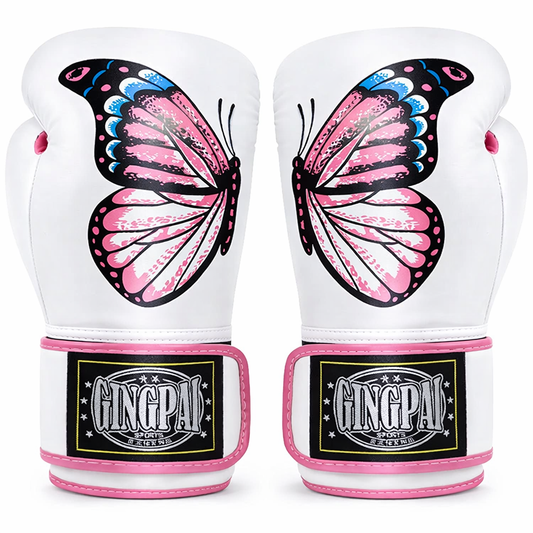White boxing gloves with pink butterfly design and Gingpad branding on a white background