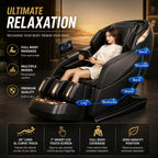 Black SL-curve massage chair with a woman reclining inside, shown on a dark studio background with promotional text and callout labels pointing to neck, shoulder, back, waist, and leg areas.