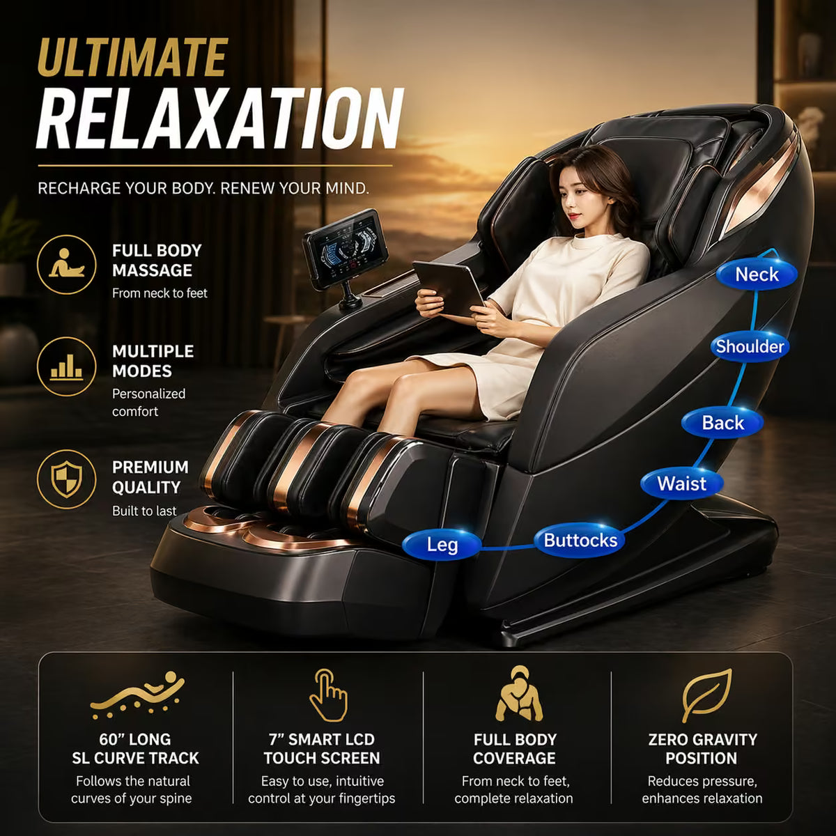 Black SL-curve massage chair with a woman reclining inside, shown on a dark studio background with promotional text and callout labels pointing to neck, shoulder, back, waist, and leg areas.