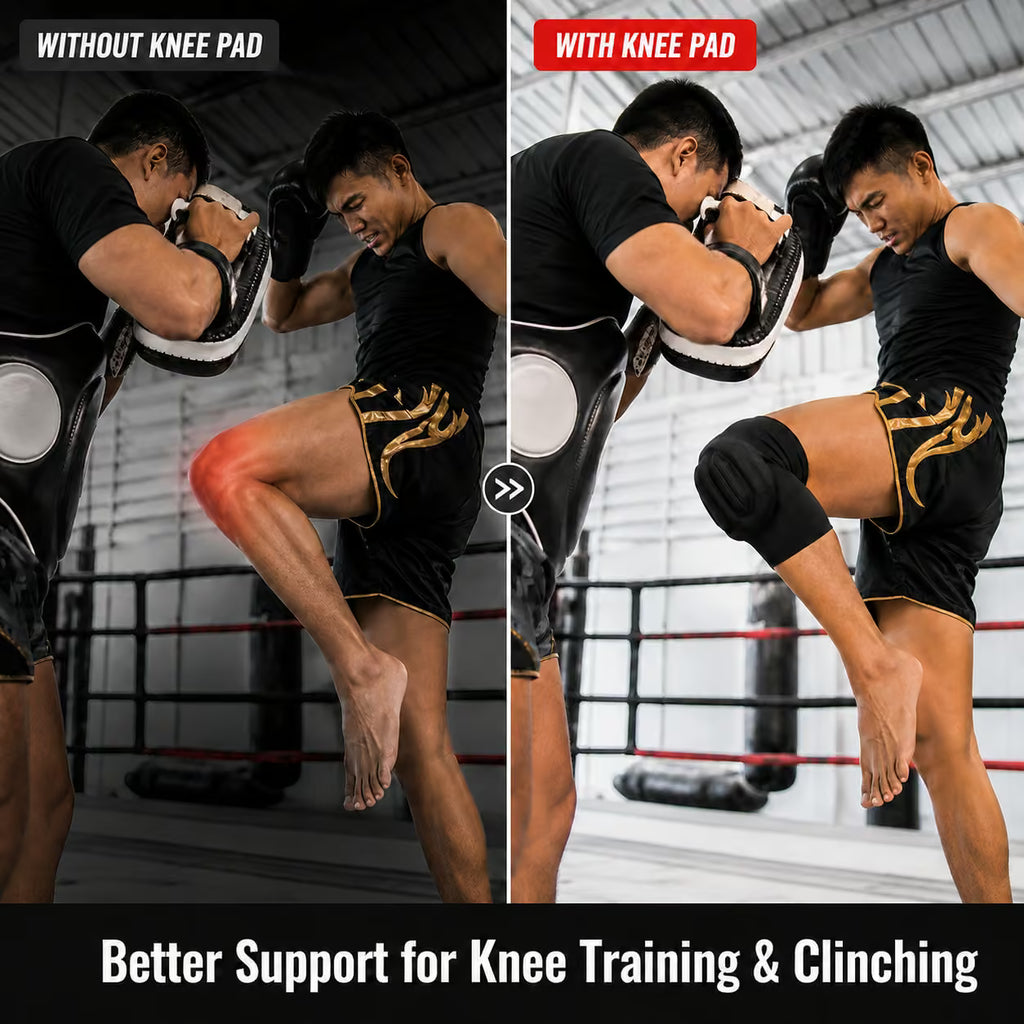Side-by-side comparison of a person practicing kickboxing with and without a black knee pad. The left panel is labeled 'WITHOUT KNEE PAD' and shows the person in a black shirt and shorts with a red highlight over the knee area.