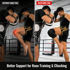 Side-by-side comparison of a person practicing kickboxing with and without a black knee pad. The left panel is labeled 'WITHOUT KNEE PAD' and shows the person in a black shirt and shorts with a red highlight over the knee area.