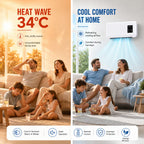 A split promotional graphic showing a wall-mounted air conditioner/heat pump in use in two living-room scenes. The left side is warm and orange, labeled 'HEAT WAVE 34°C' with families sitting on couches indoors.