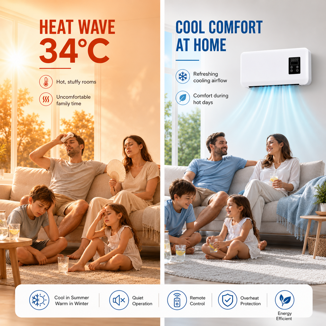 A split promotional graphic showing a wall-mounted air conditioner/heat pump in use in two living-room scenes. The left side is warm and orange, labeled 'HEAT WAVE 34°C' with families sitting on couches indoors.