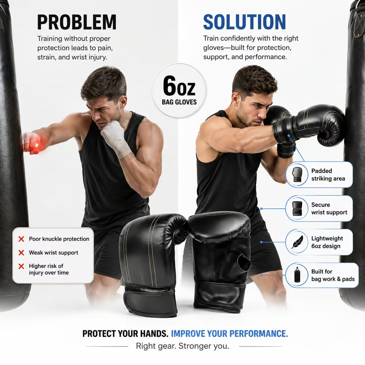 6oz Boxing Bag Gloves – Muay Thai, Kickboxing & MMA Training Gloves