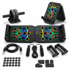 A multi-piece home workout equipment set on a white background, including a dual-wheel ab roller, a foldable black resistance board with colorful pegs, a jump rope, a jump mat, two handles, and multiple black grip pads.