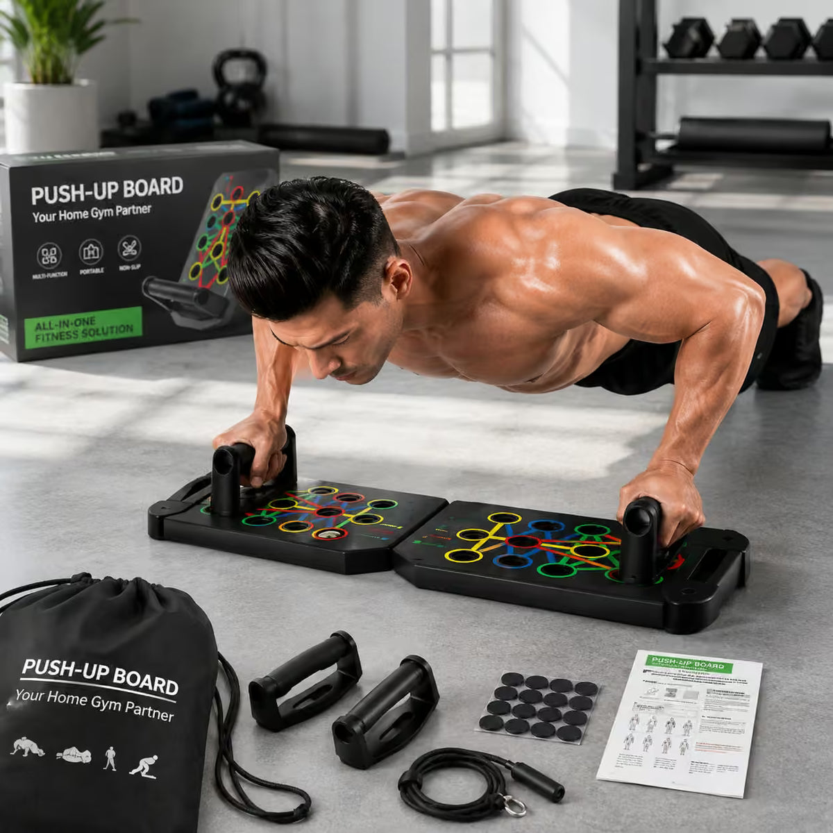 A man in a push-up position using a black push-up board set with colorful rings on a gray gym floor. The set includes a storage bag, handles, rubber pads, a jump rope, and an instruction sheet, with the product box visible in the background.