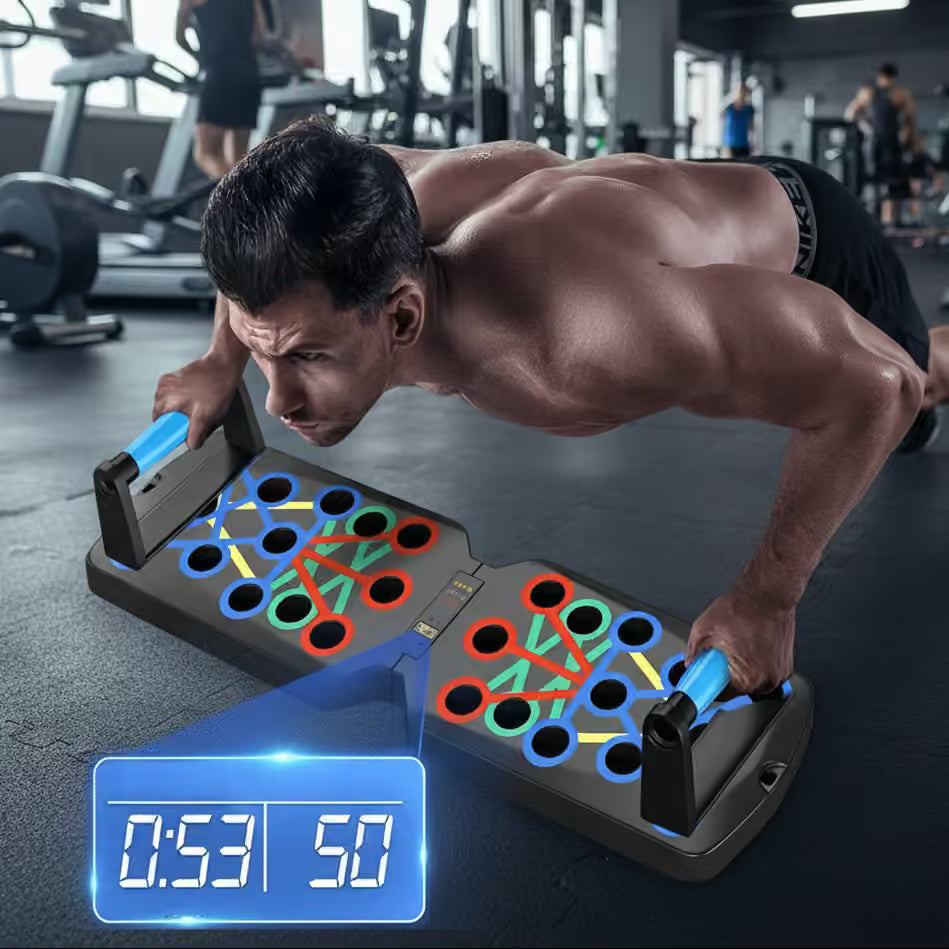 A man performing pushups on a dual-sided fitness board with colored circular markers and blue handles, set in a gym environment with a digital timer overlay showing 0:53 and 50.
