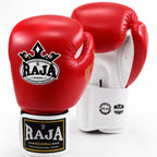 A pair of red and white boxing gloves from Raja Boxing, displayed on a clean white background. One glove is shown from the front, displaying the red leather exterior with the black and white 'RAJA BOXING' logo, while the other is shown from the back, displaying the white leather interior and wrist strap.