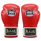A pair of red boxing gloves with white and black wrist straps, featuring the 'Raja Boxing' logo on the front, set against a plain white background.