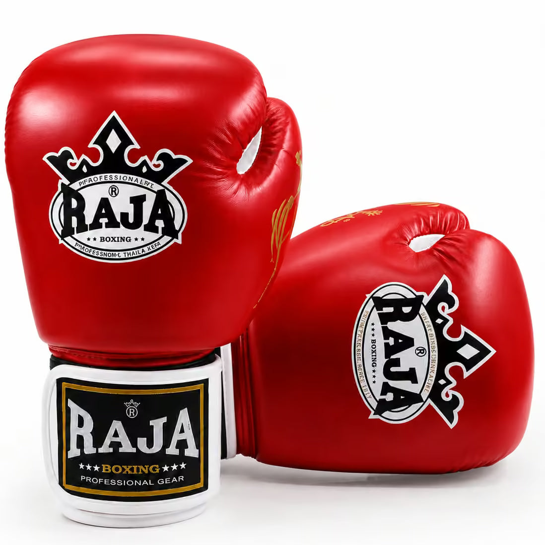 Two red boxing gloves with white and black Raja Boxing logos, displayed on a clean white background. One glove is open to show the interior and the wrist strap, while the other is angled to show the outer side with the logo.