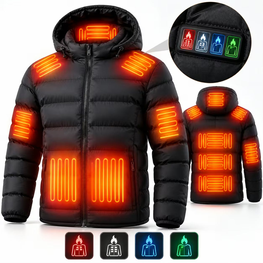 Black puffer jacket with glowing orange LED heating strips on the front, sleeves, and hood, shown on a white background with a front view, back view, and a circular inset showing the built-in controller with four color options.