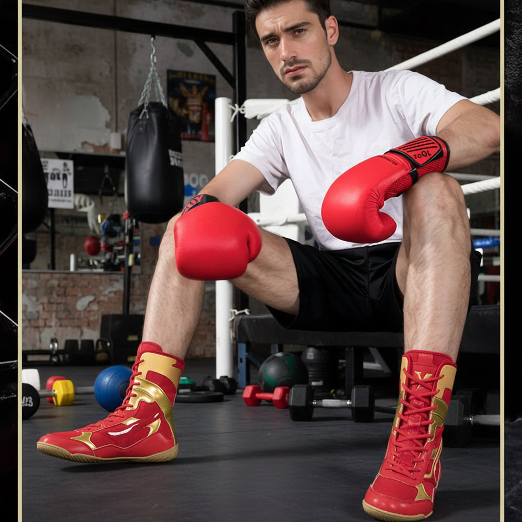 Man wearing red boxing boots with gold designs on a gray background