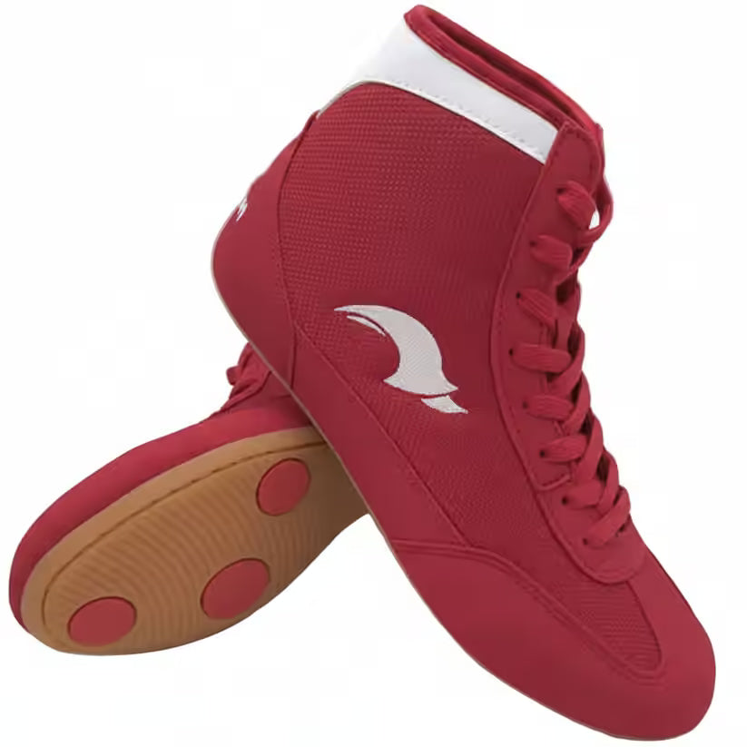 A pair of red high-top athletic sneakers with white accents, including a white logo on the side and a white collar trim, displayed against a solid white background.