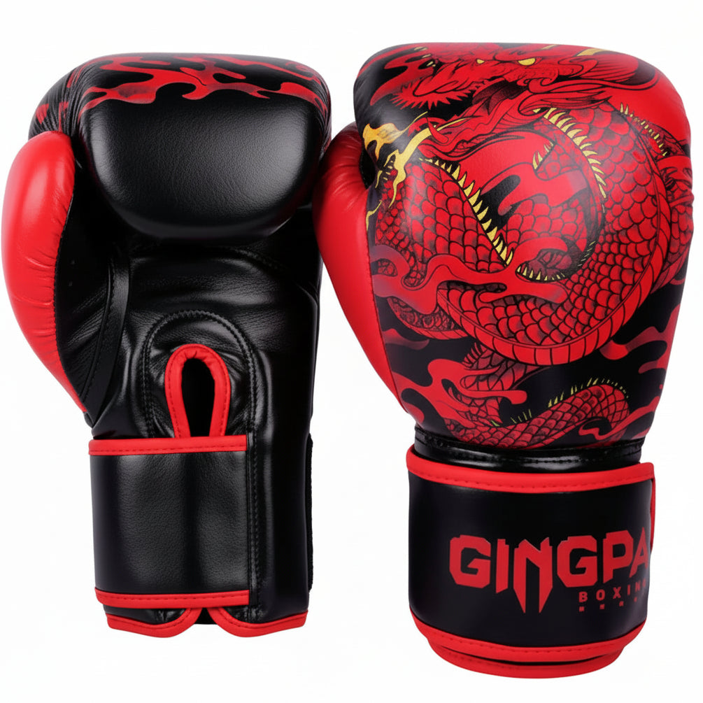 Black and red boxing gloves with dragon design on a gray background, branded 'GINGPAI Boxing'.
