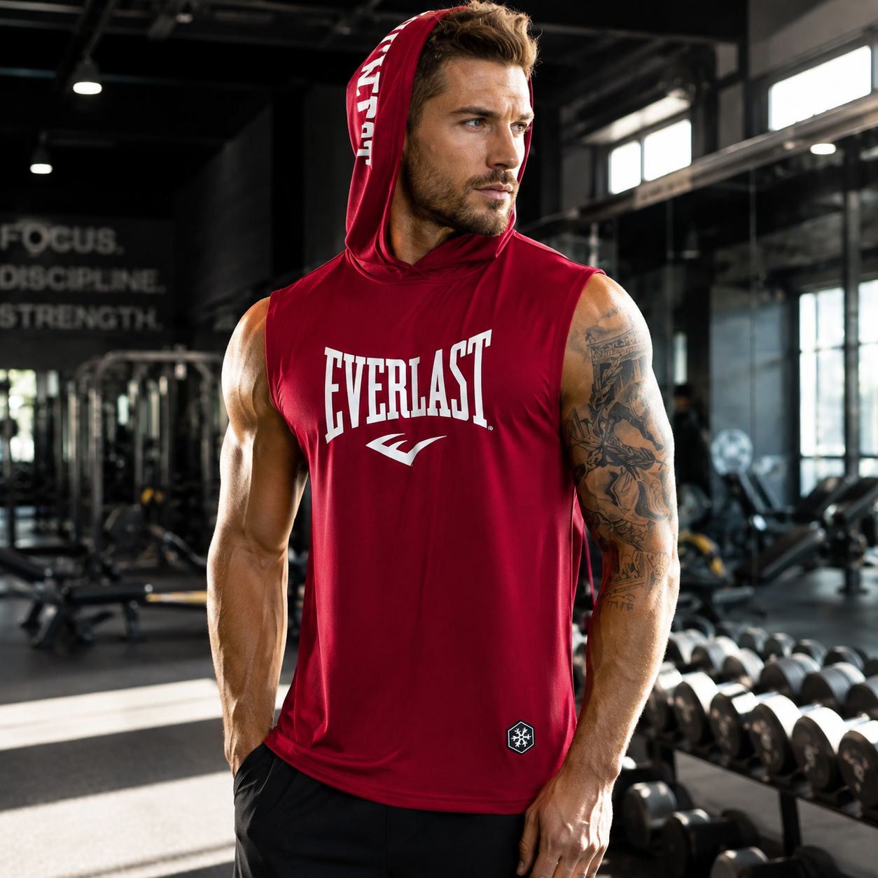 A man in a gym wearing a red sleeveless hooded tank top with 'Everlast' printed in white on the chest, paired with black shorts.
