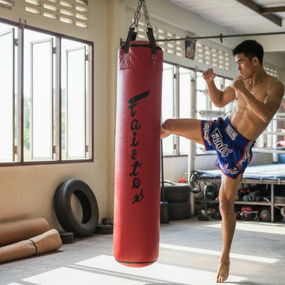 Two red punching bags with 'Taixter' branding on a white background