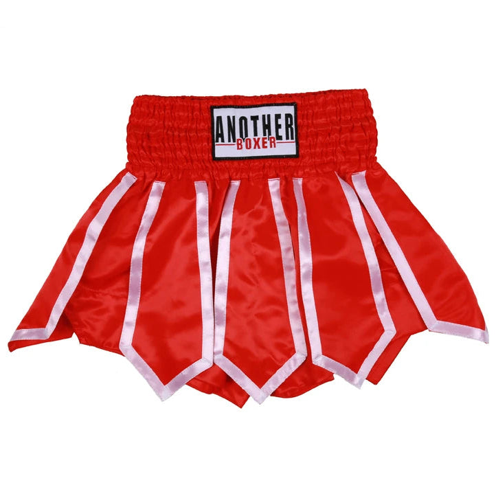 Red Muay Thai shorts with white satin stripes and a black and white 'ANOTHER BOXER' brand patch on the waistband, shown on a white background with a green 'Choice' logo in the top-left corner.
