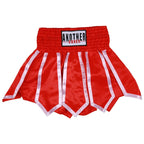Red Muay Thai shorts with white satin stripes and a black and white 'ANOTHER BOXER' brand patch on the waistband, shown on a white background with a green 'Choice' logo in the top-left corner.