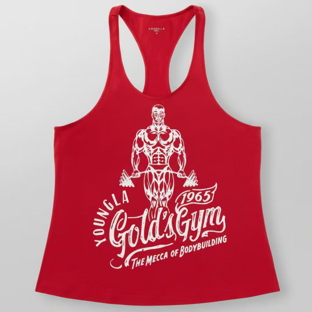 Red tank top with Gold's Gym logo and text on a gray background