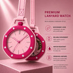 Pink bioceramic watch with a textured dial, pink bezel, and matching strap, shown alongside a second watch from the back on a pink background with product feature text.
