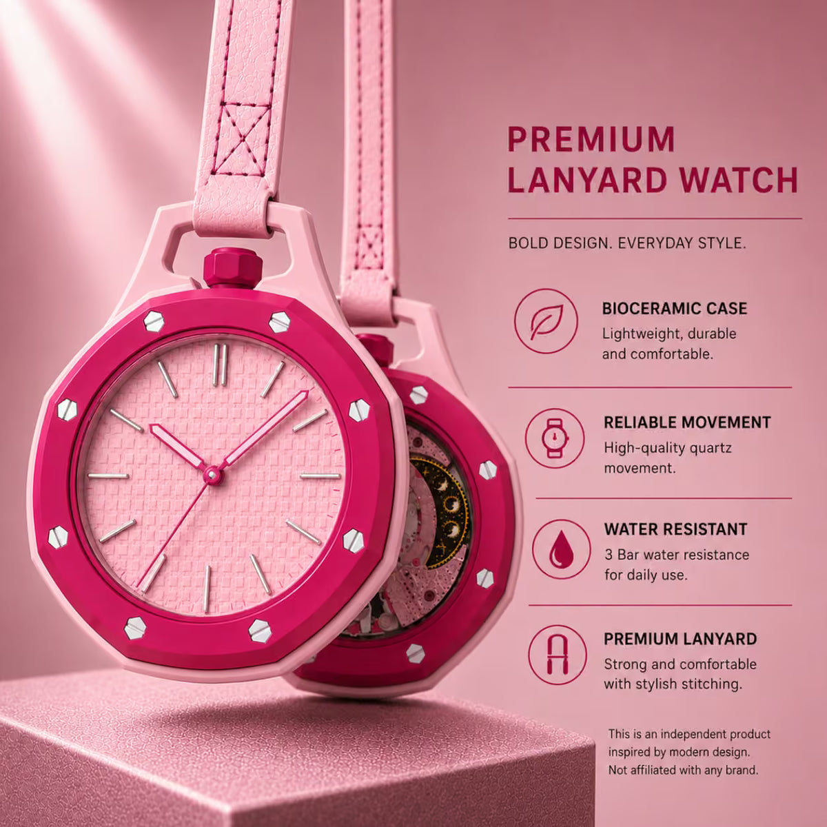 Pink bioceramic watch with a textured dial, pink bezel, and matching strap, shown alongside a second watch from the back on a pink background with product feature text.