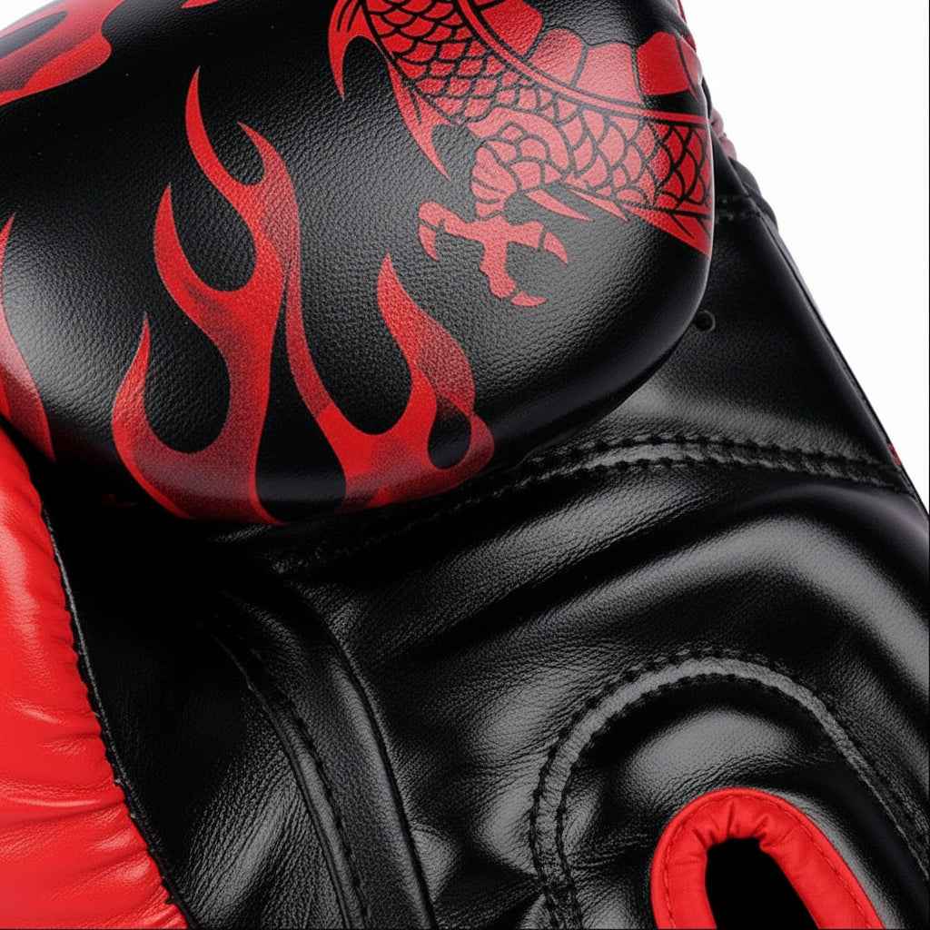 Black boxing glove with red dragon and flame design on a white background