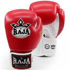 Red and white boxing gloves with Raja Boxing logo on a white background
